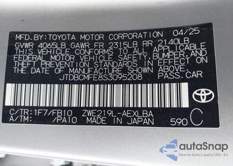 2025 Toyota Corolla Hybrid Le из США, поврежденный, VIN JTDBCMFE8S3095208
